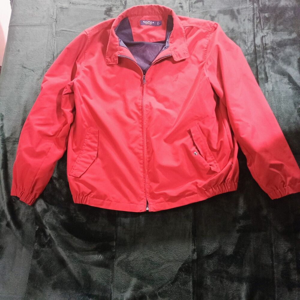Nautica Mens Large Red Full Zip Windbreaker Jacket Mesh Lined Harrington Coat
